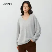 VIVIDINI 慵懒休闲V领拉毛绵羊毛羊绒针织套头羊毛衫