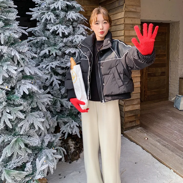 2C212-G16白嘎拼接PU毛毛韩系学院减龄时尚气质外套棉服