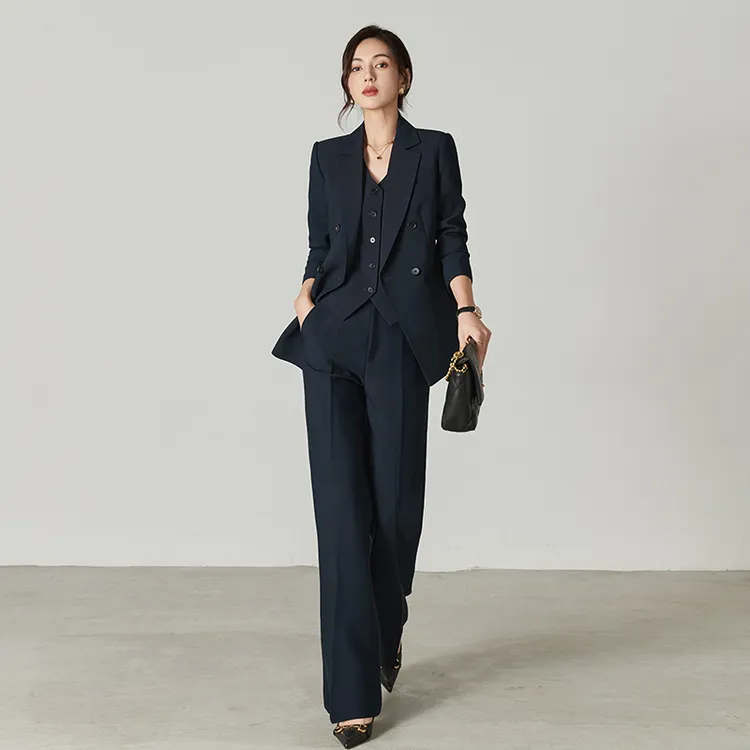2025新款高级感藏青色西装马甲三件套职业通勤气质商务正装套装女