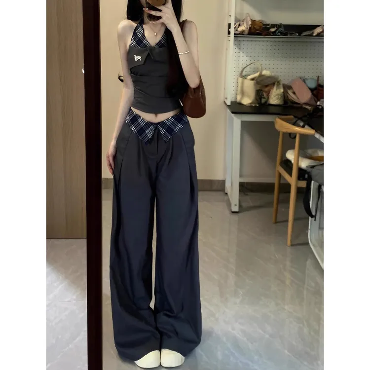 韩系格子拼接挂脖背心吊带女春夏季2025设计感西装直筒裤俩件套装