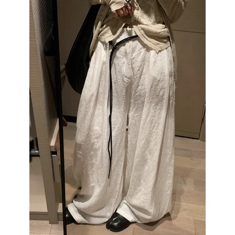 私服改版！高腰褶皱显瘦白色阔腿拖地裤2025夏日时髦腰绳原麻裤子