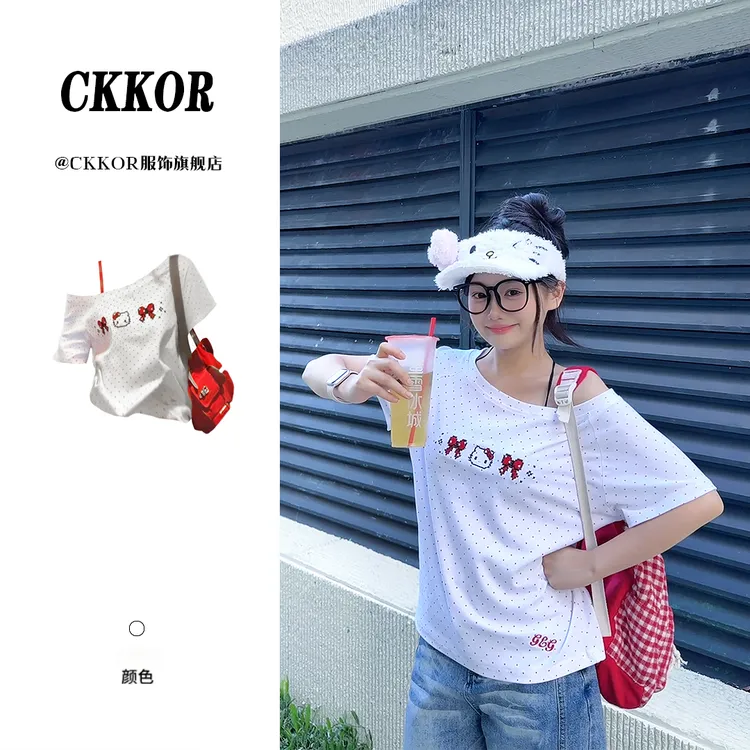 CKKOR夏季斜肩刺绣一字肩上衣波点短袖t恤女甜美可爱辣妹穿搭时尚