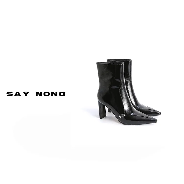 Say nono 吸晴单品头层羊漆皮时髦高跟百搭时装靴