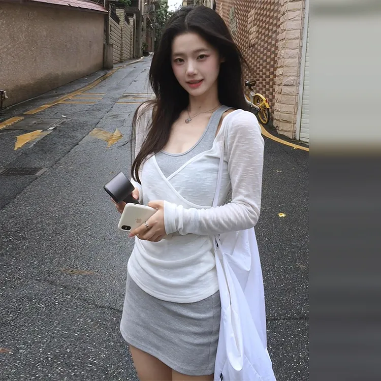 灰色挂脖吊带连衣裙女夏2025新款今年流行爆款包臀短裙套装3461