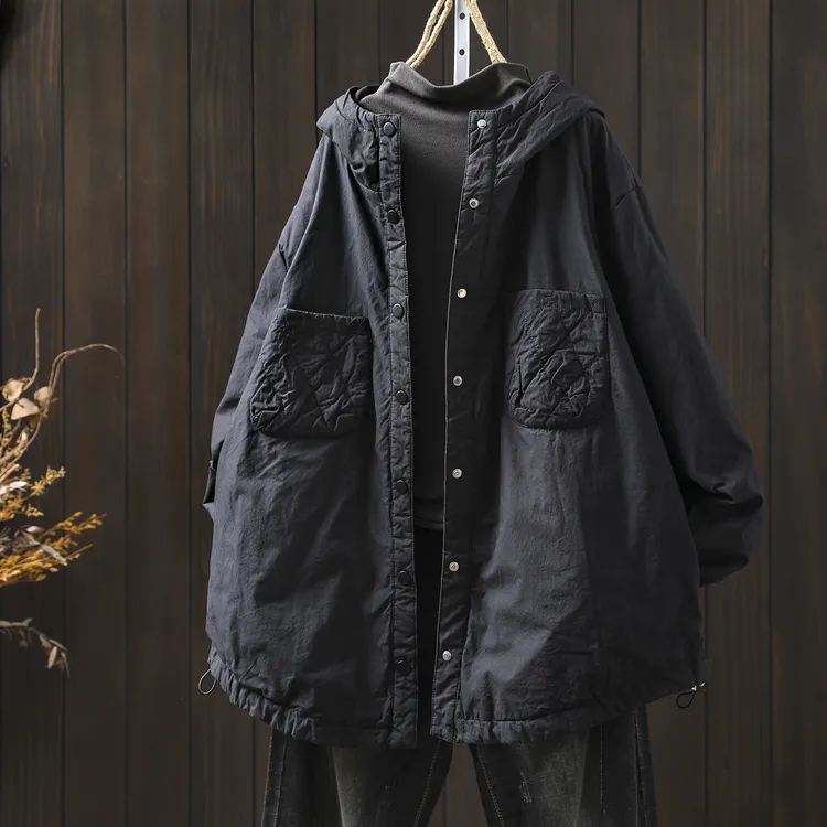 黑色棉服女款2025新款秋季连帽宽松百搭纯色休闲超好看夹棉薄外套