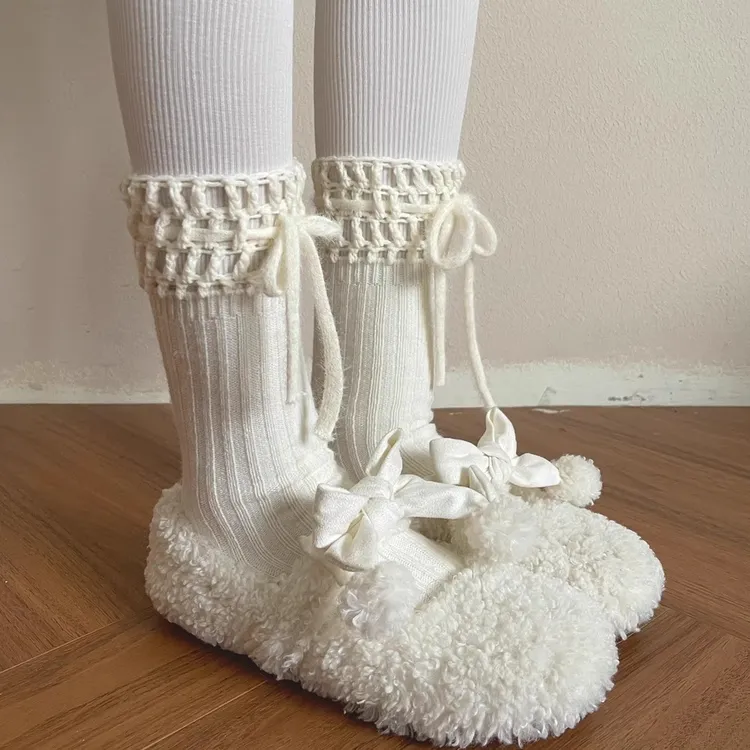 袜贵人秋冬新品自制款手工穿带毛线结钩针宽条少女花边中筒堆堆袜