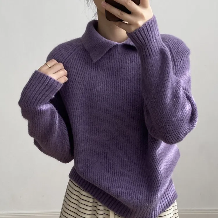 秋冬新款极简风小翻领针织衫女纯色宽松套头毛衣气质减龄打底衫