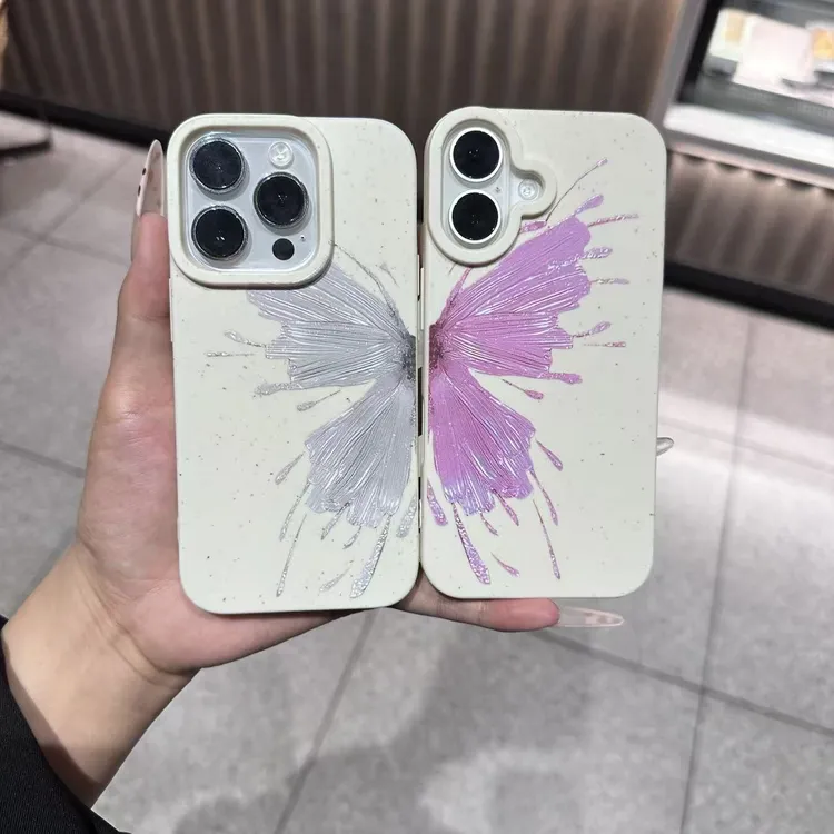 情侣蝴蝶小麦壳适用于苹果17/16/15/14/13promax手机壳12/11软x