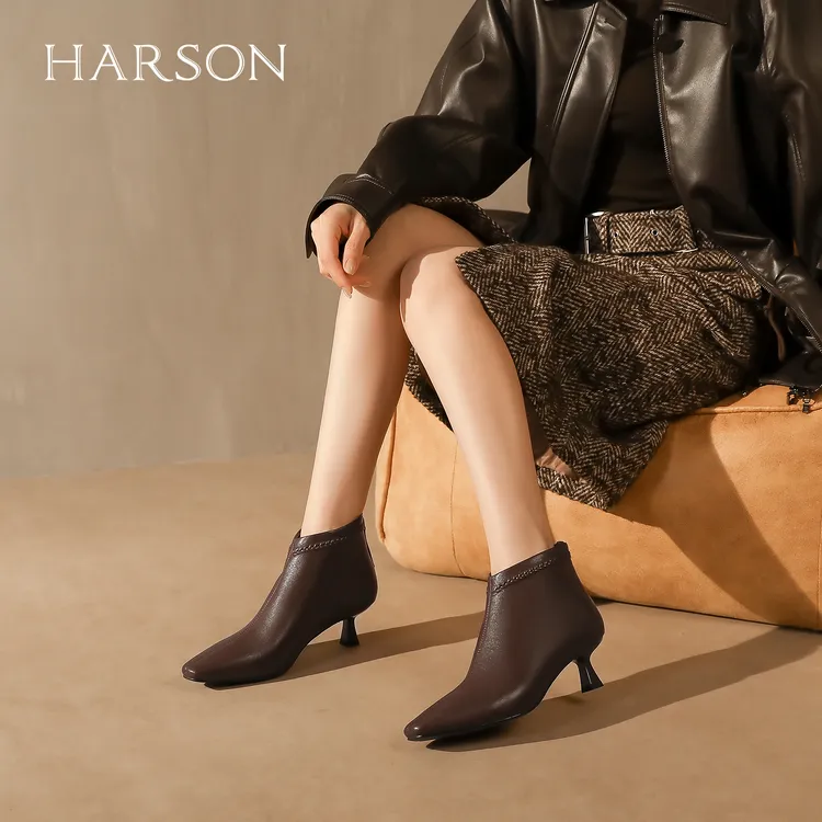 哈森2025秋新款方头气质真皮细高跟时装靴及踝靴女短靴HWA250133