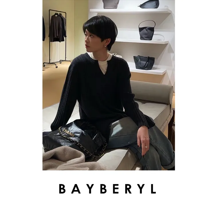 BAYBERYL老贝静享套*坑条剪刀领气质松弛秋针织衫ZZS5I2610-11/2