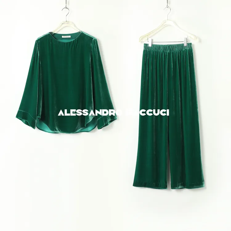 AP洛哥43032UX/43159KC【曦光】桑蚕丝密织丝绒一字领上衣/裤子