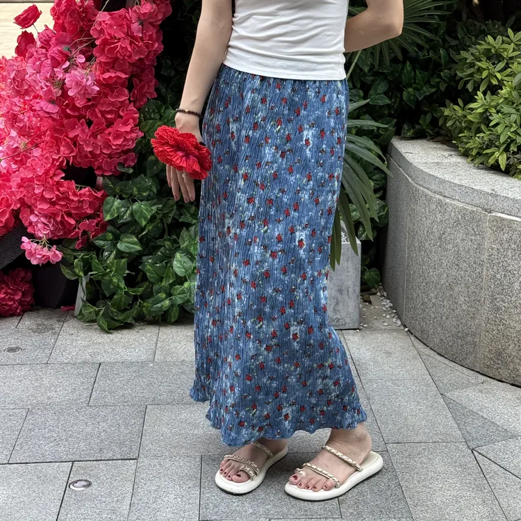 小清新蓝色碎花半身裙女夏季气质高腰显瘦小个子开叉中长裙百褶裙