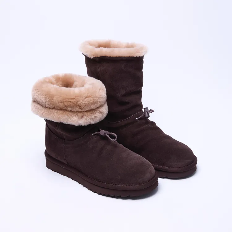 大师姐新款抽绳牛反绒圆头羊毛保暖冬季时尚雪地靴百搭女靴子