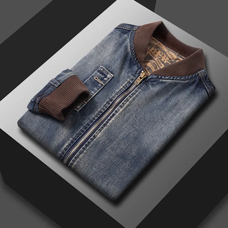 酷牛王秋季怀旧欧休闲男外套复古拉链罗纹机车牛仔衣男装修身