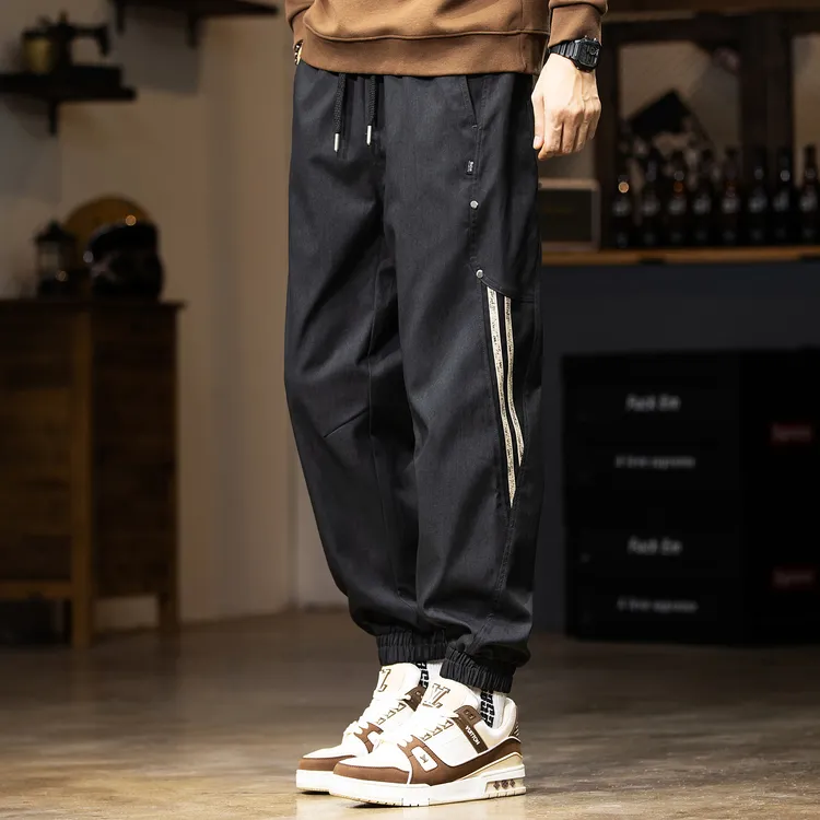 LEIGHZ/雷茨美式高端条纹拼接工装裤男秋季宽松侧边束脚休闲裤子