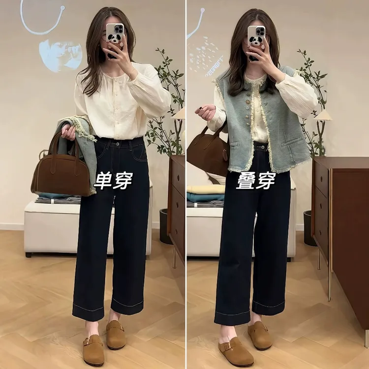 秋季搭配一整套设计感流苏牛仔马甲宽松衬衫牛仔阔腿裤时尚套装女