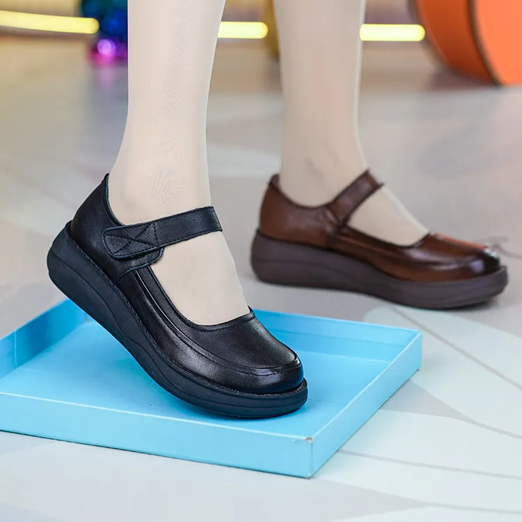 JAQ86021真皮女鞋平底学院风头层牛皮圆头单鞋浅口百搭舒适妈妈鞋