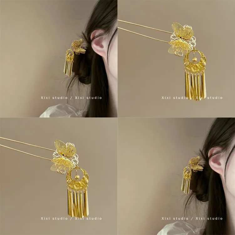 新中式复古金色蝴蝶流苏发簪后脑勺盘发簪子国风发钗配饰新品发饰