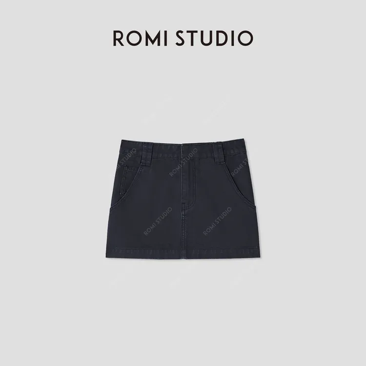 ROMI STUDIO“美式复古”蓝色纯棉重工洗水直筒半身短裙 RWCSXD2993