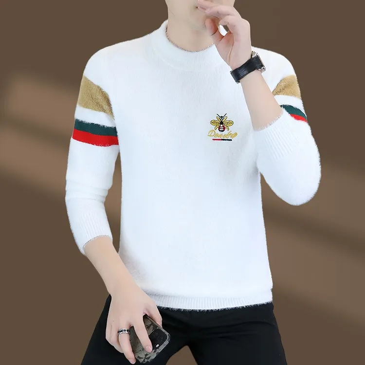 水貂绒男士毛衣秋冬季百搭套头针织半高领毛线衣保暖打底上衣服潮