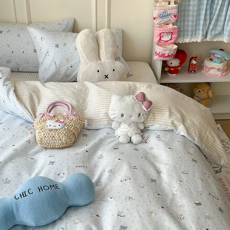 与棉生活ins奶油风贝壳猫猫纯棉全棉四件套小清新宿舍三件套床单