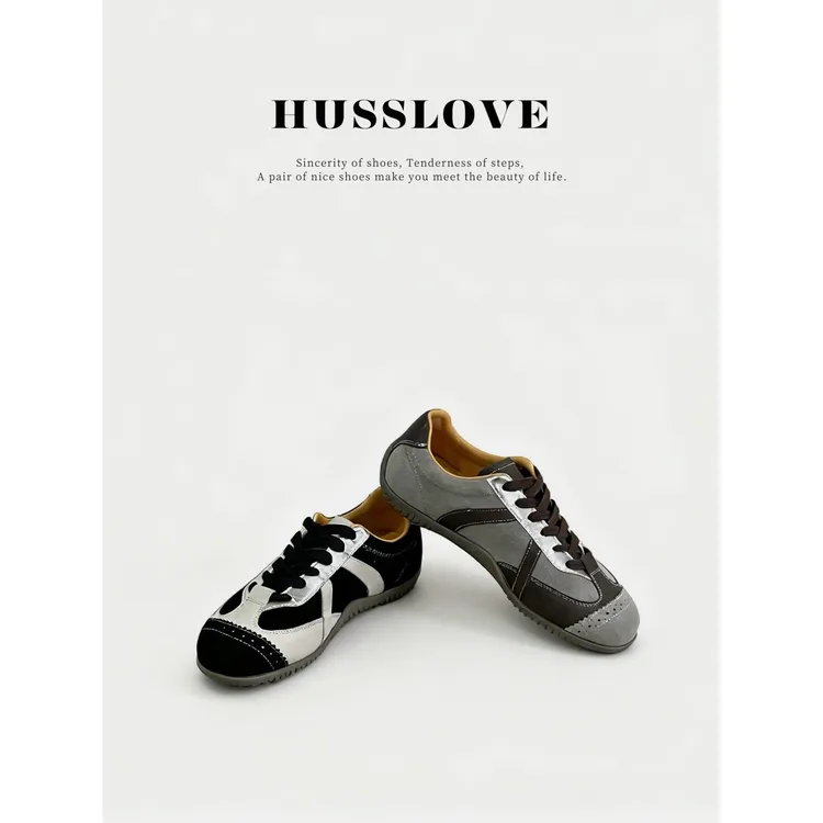 HUSSLOVE 复古芭蕾风休闲运动牛皮平底鞋拼色舒适百搭软底德训鞋