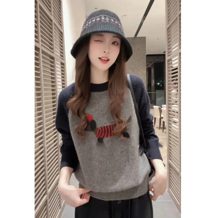 小狗长袖针织衫女慵懒高级感宽松毛衣上衣秋冬韩系氛围感穿搭撞色