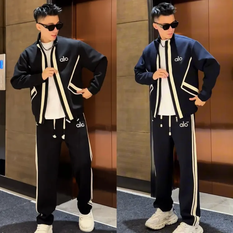 秋冬加绒轻奢字母撞色条纹设计感空气层立领夹克休闲裤时尚套装男