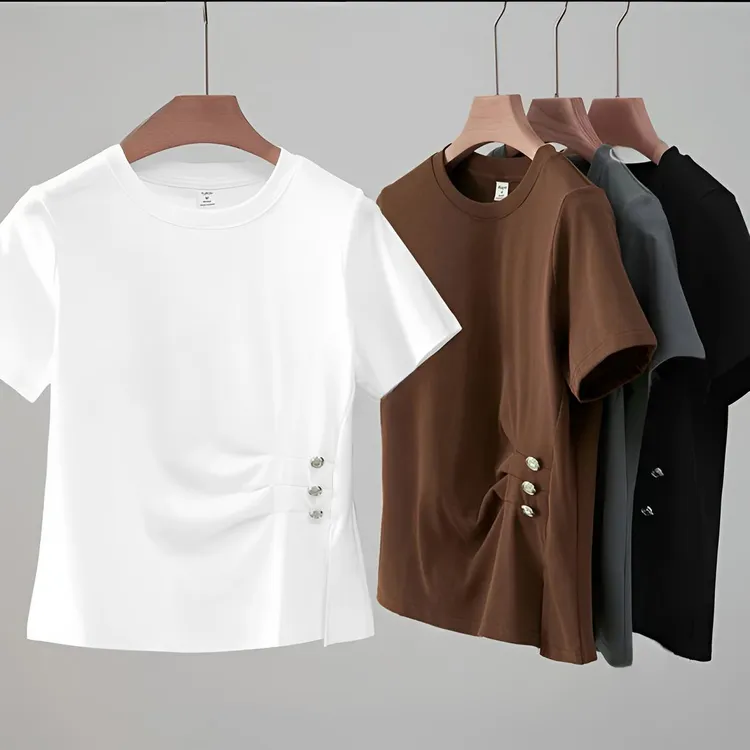 夏季百搭圆领短袖T恤女褶皱设计感半袖纯色显瘦纽扣休闲上衣6189