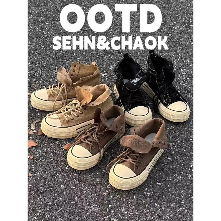 经典美拉德帆布鞋2025新款高帮板鞋ins小众情侣复古百搭增高潮鞋