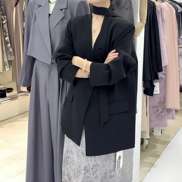 百搭高级感V领宽松显瘦飘带气质黑色西装女25秋季时尚新款外套