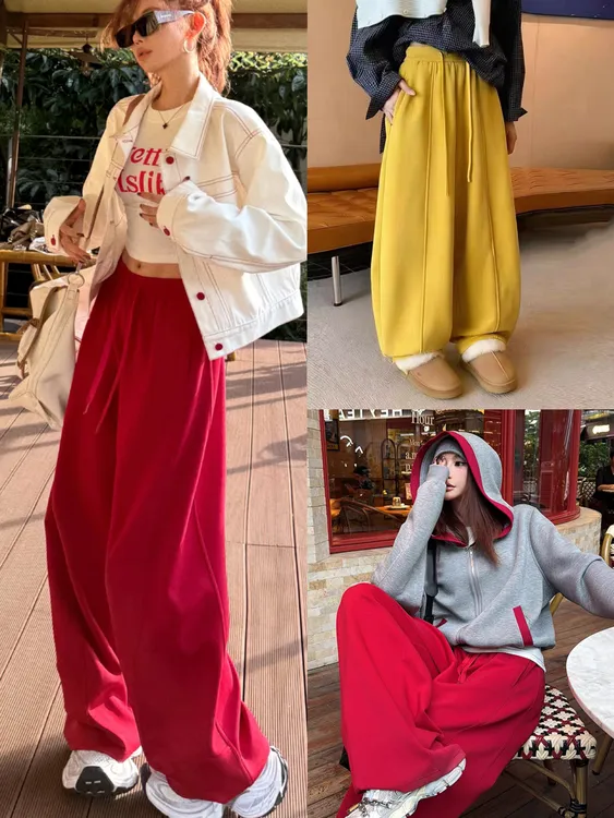 高腰抽绳加绒加厚阔腿休闲裤女2025冬新款韩版宽松弯刀裤运动卫裤