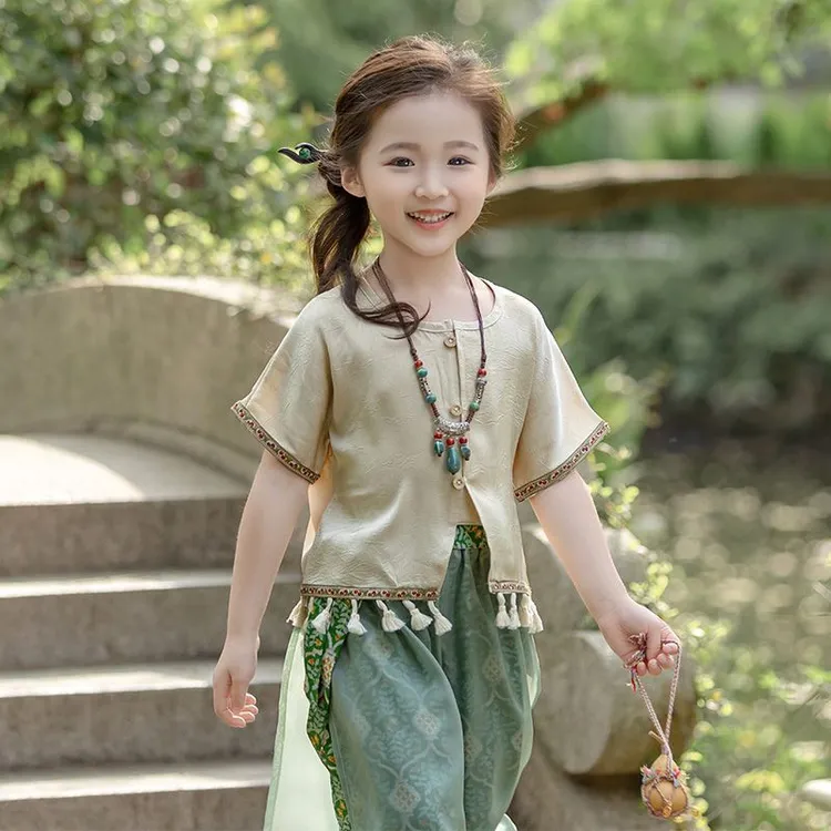 女童民族风夏季短袖套装2024新款儿童国风中式洋气女孩分体两件套