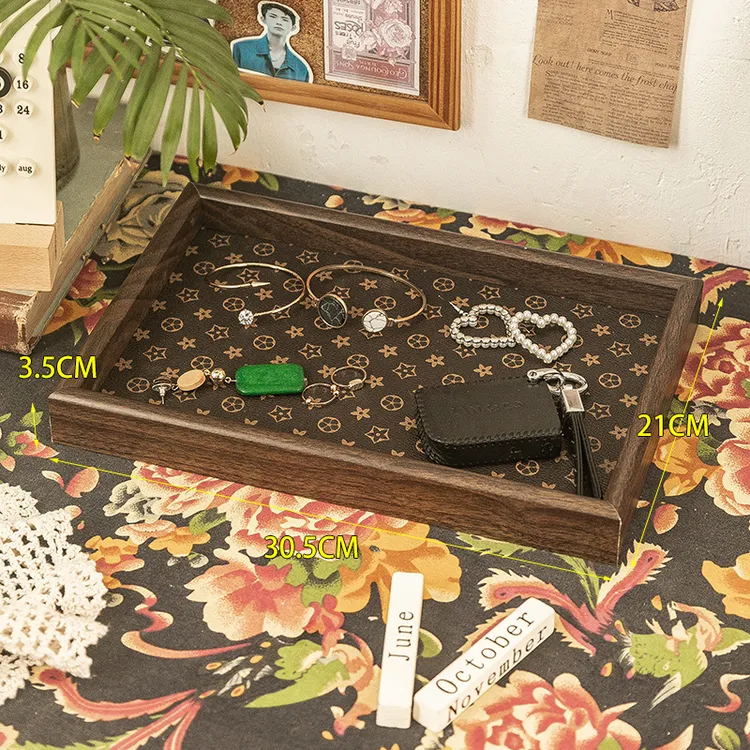 中式复古长方形桌面首饰摆件钥匙玄关收纳盒轻奢皮革茶盘托盘家用