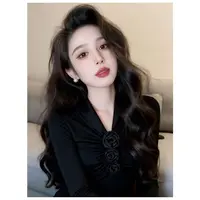 AO ZHEN秋季立体花朵v领褶皱显瘦设计感黑色气质上衣