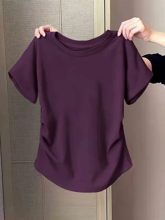 不规则纯色短袖t恤衫女夏季修身收腰别致小众设计感褶皱圆领上衣