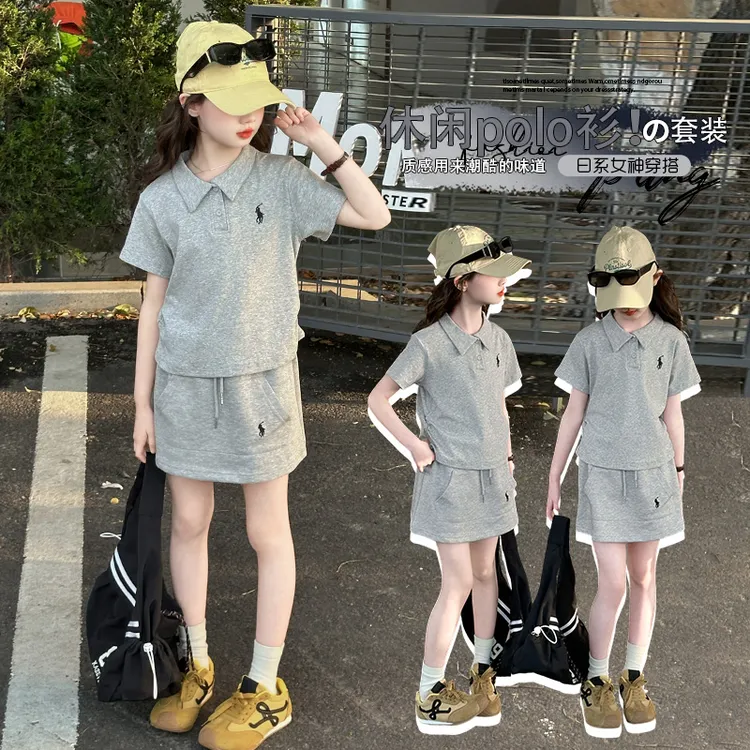 2025新款夏季潮酷POLO衫女童时尚百搭两件套休闲短袖裙裤