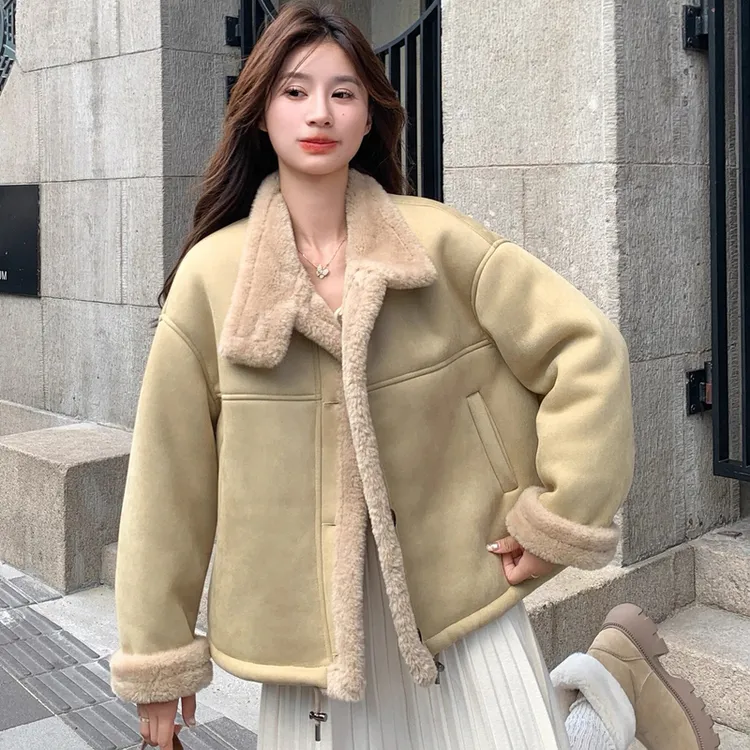 加厚保暖立领机车服冬设计感复古短款麂皮绒羊羔毛外套百搭 5018