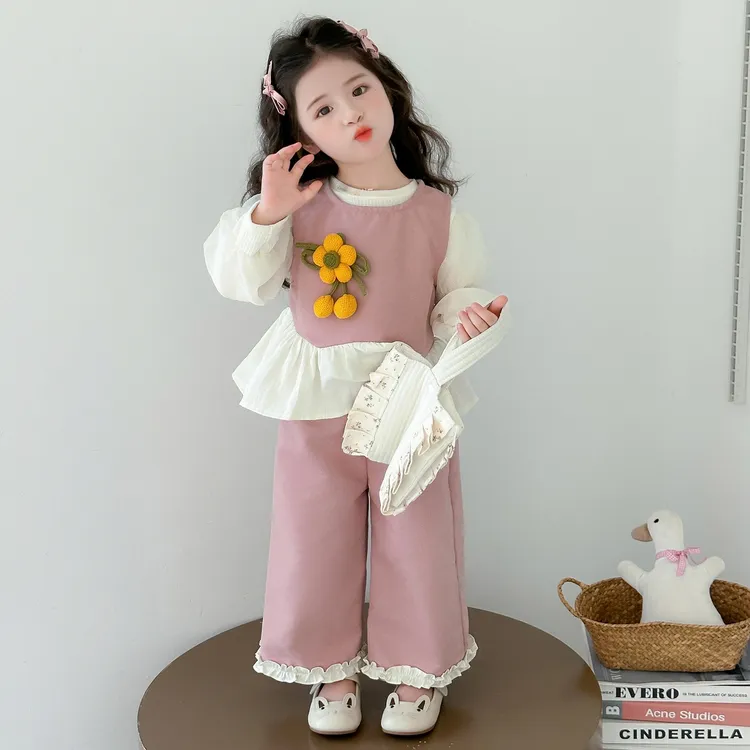 女童2025秋季时尚洋气休闲百搭儿童立体花朵女宝宝不规则花边套装