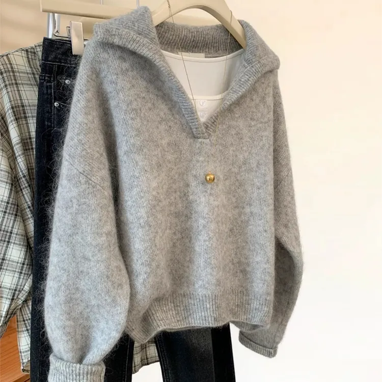 CHAO级推荐！羊驼马海毛软糯V领毛衣女秋冬新款慵懒百搭针织衫ins