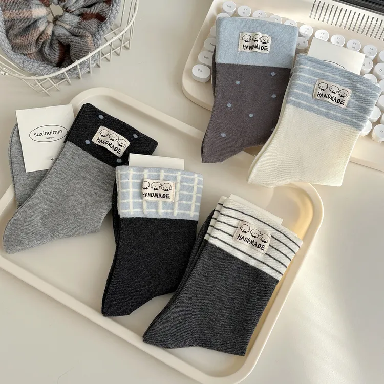 杭臻可爱小狗布标袜子女秋冬季中筒袜棉袜2025新款配勃肯鞋堆堆袜