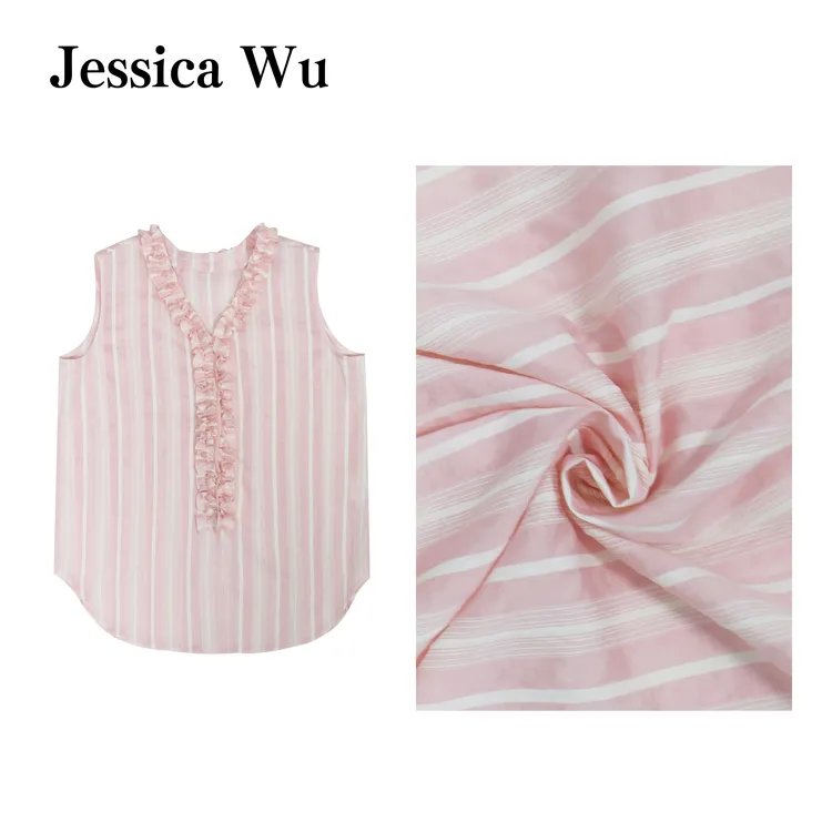 JESSICA WU法式木耳边V领条纹无袖上衣2599Z01002
