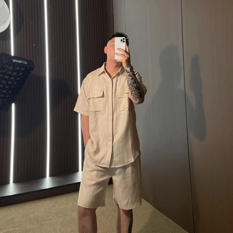 马丁叔叔新款老钱风松弛感亚麻天丝衬衫套装夏季轻薄时尚透气凉爽