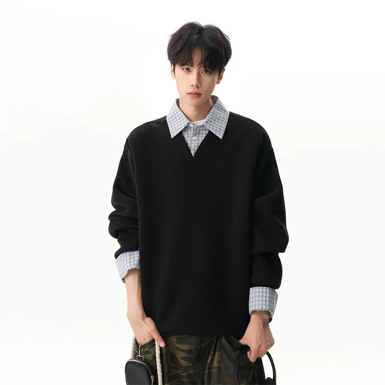 重磅美式复古格纹假两件翻领卫衣男女秋季撞色拼接Polo长袖套头衫