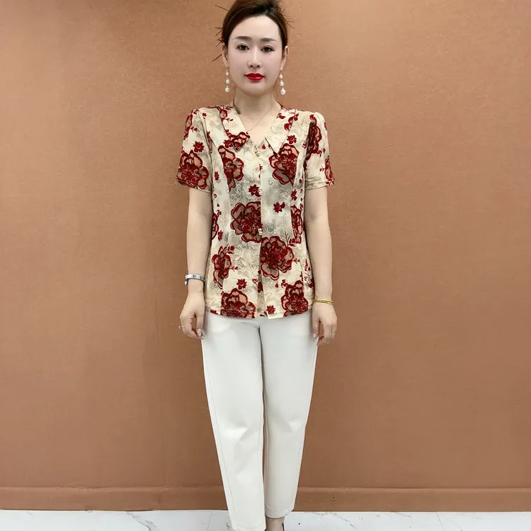 夏季新款常规中老年女装小衫套头洋气中年显瘦时尚短袖体恤半袖