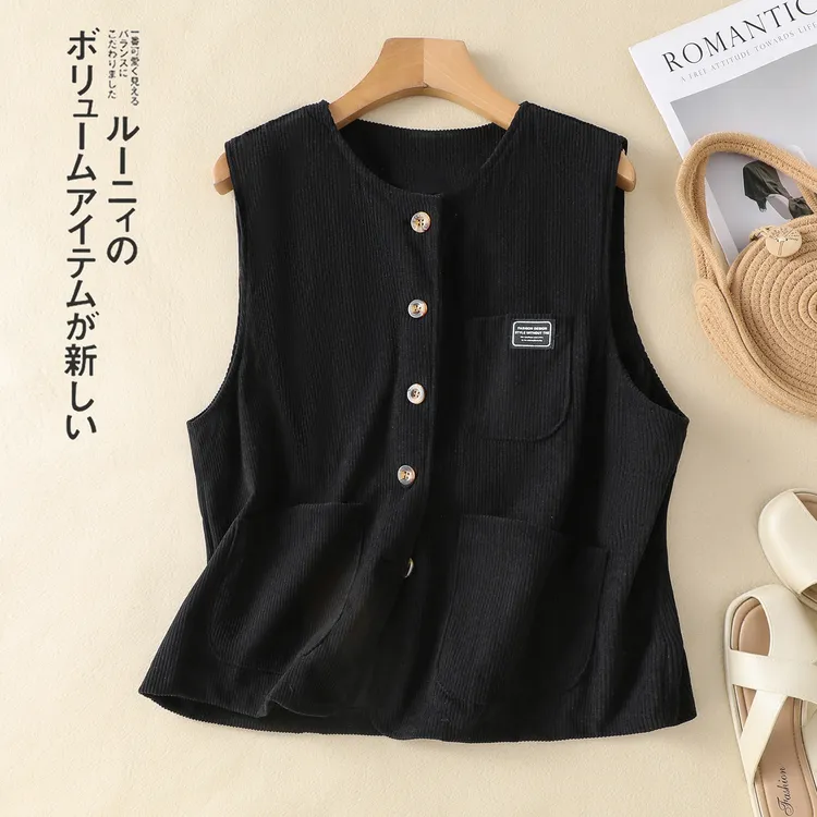 文艺休闲新款时尚双口袋灯芯绒圆领背心宽松百搭排扣黑色马夹外套