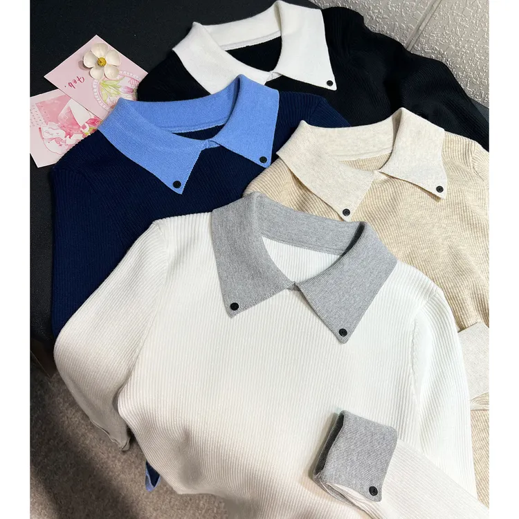 撞色polo领针织衫女2025春秋季新款内搭打底毛衣翻领洋气拼色上衣