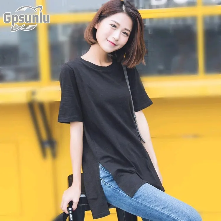 gpsunlu黑色时尚女恤短袖修身显瘦新款中长款两边开叉百搭上衣夏