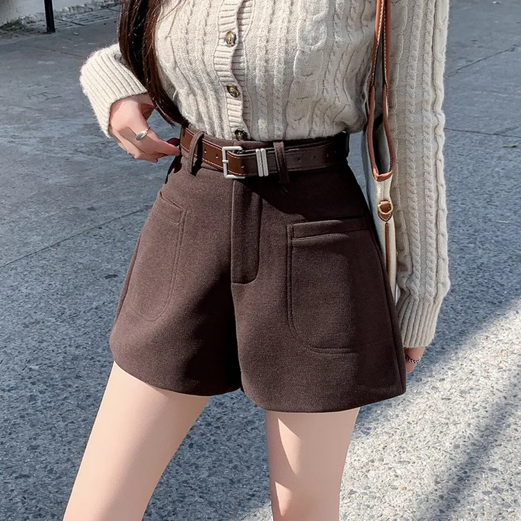 送腰带毛呢口袋短裤女2025秋冬高腰a字阔腿显瘦宽松遮胯百搭靴裤