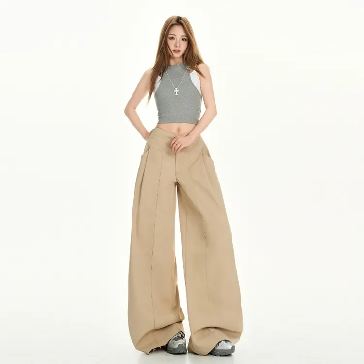 尚雅款慵懒风设计卡其色休闲裤女夏季高腰宽松阔腿裤拖地长裤休闲